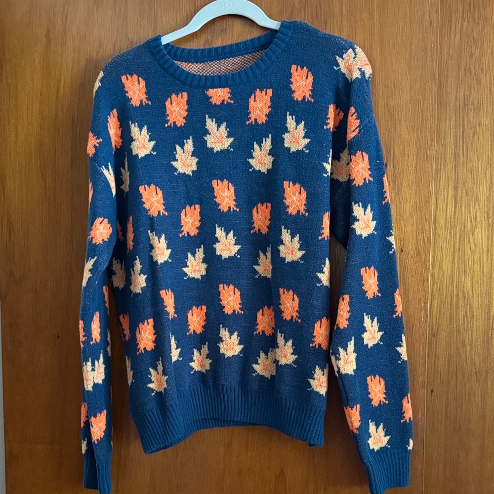 Leaf Patterned Blue and Orange Sweater